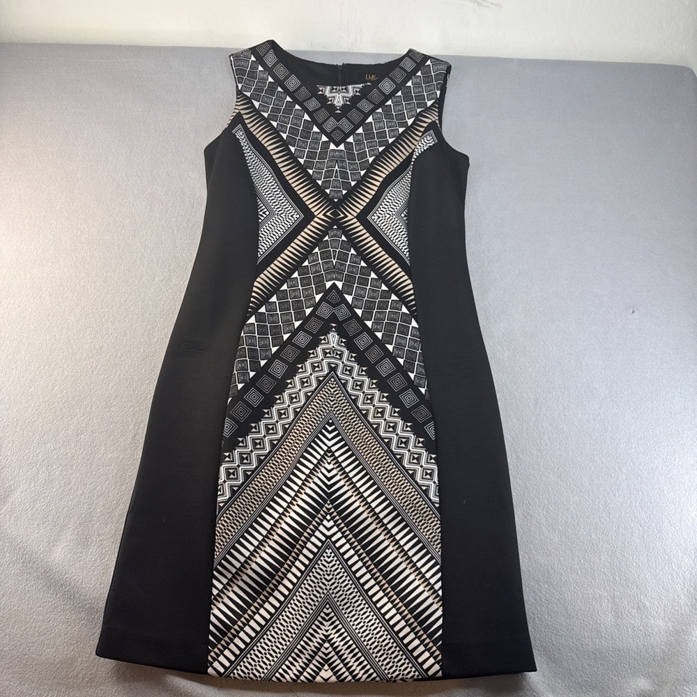 ILE New York Womens Black & Beige Geometric Sleeveless Sheath Dress Size 8